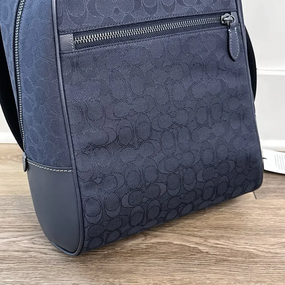 Coach Theo Backpack In Signature Jacquard Navy NWT Laptop Work College Book Bag